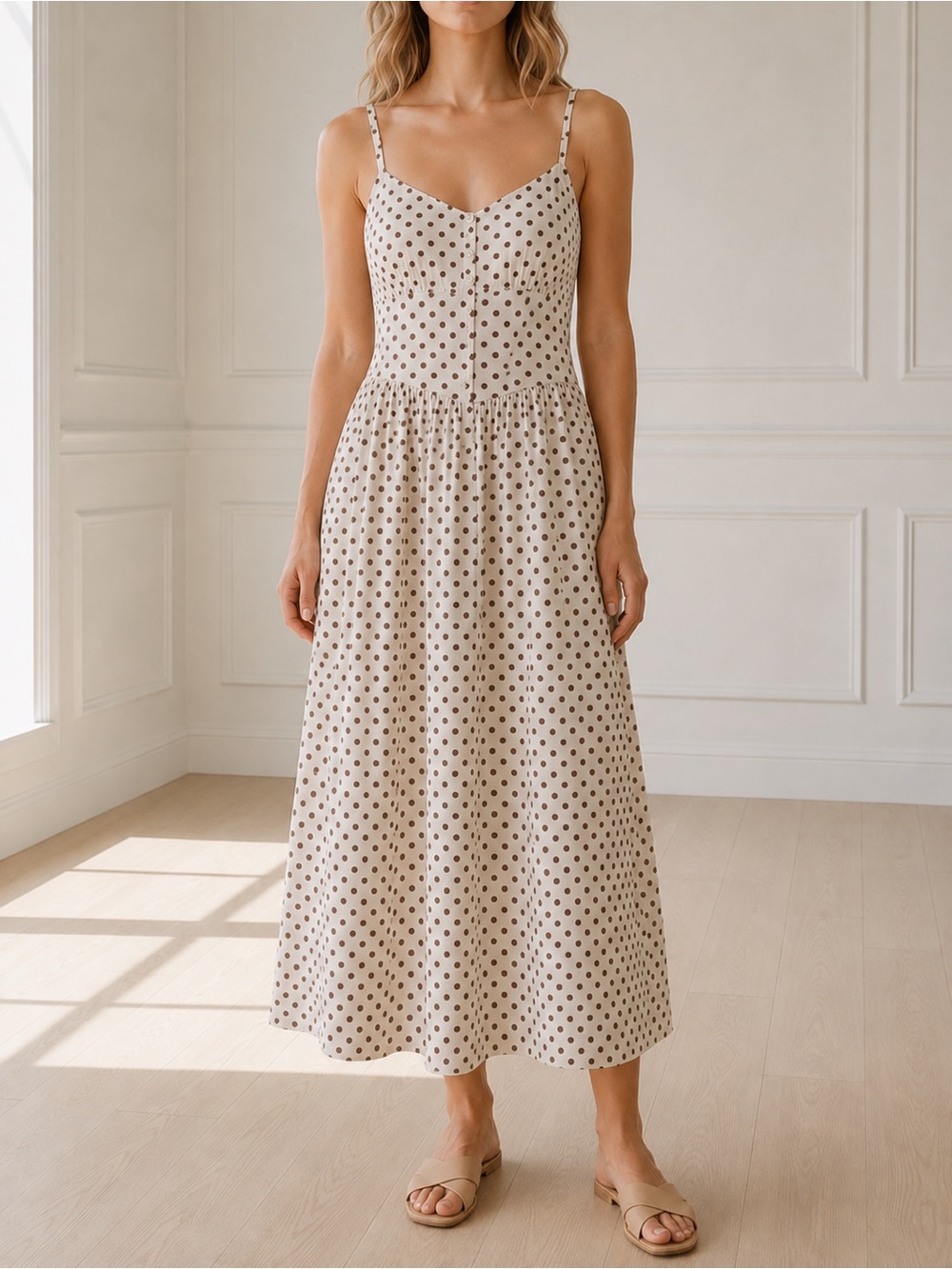 Dizzy Lizzy Polka Dot Smocked Midi Dress Small Cream Brown Cotton Cottagecore